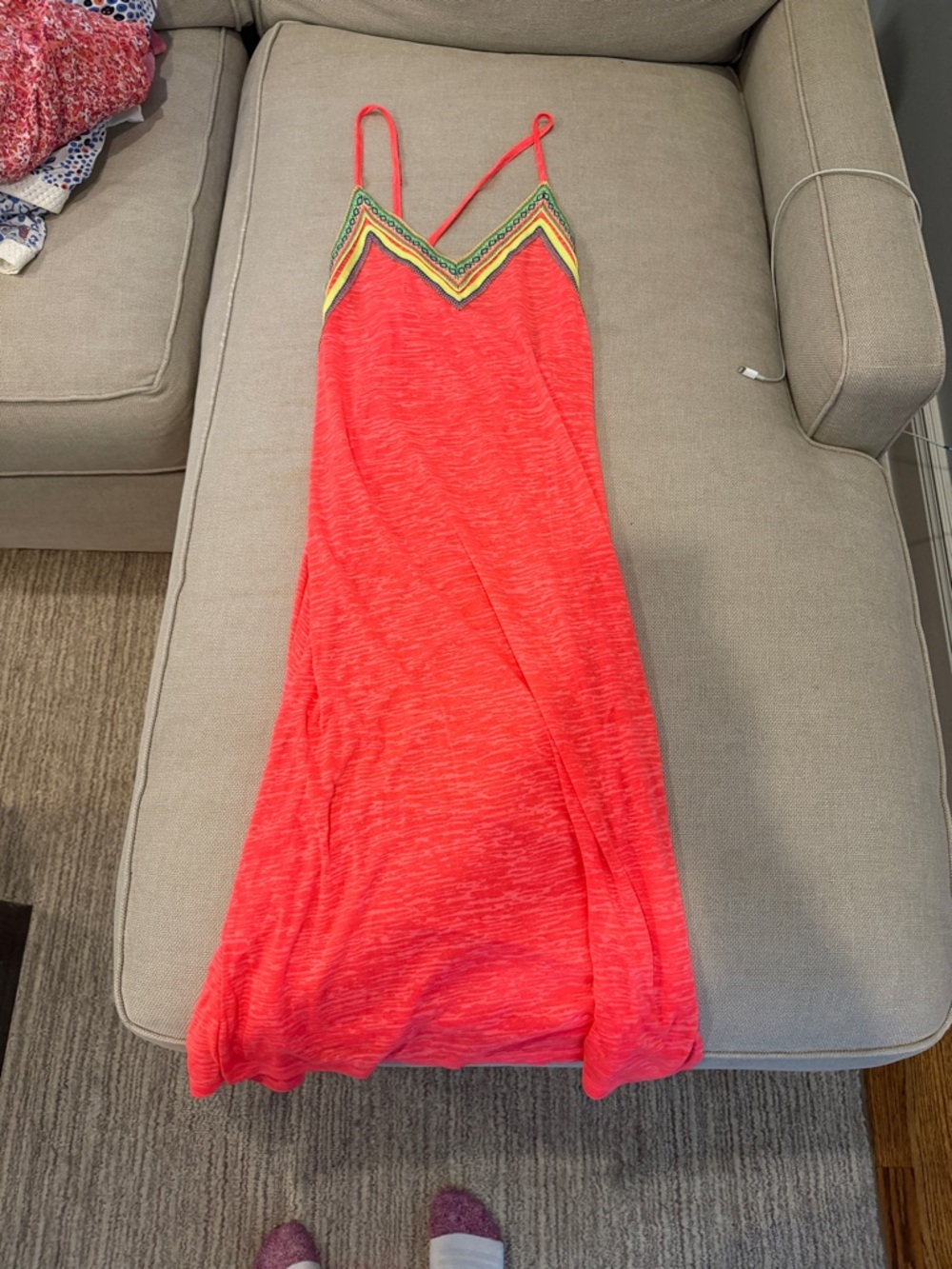 Pitusa Coral Maxi Slip Dress with Multicolor Trim